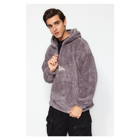 Trendyol Gray Oversize/Wide-Fit Zippered Mountain Embroidery Pocket Fleece/Plush Sweatshirt
