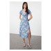 Trendyol Blue Floral Patterned A-Line Short Sleeve Maxi Woven Dress