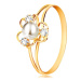 Prsteň v 9K žltom zlate - kvet s tromi lupienkami, bielou perlou a čírymi zirkónmi - Veľkosť: 63