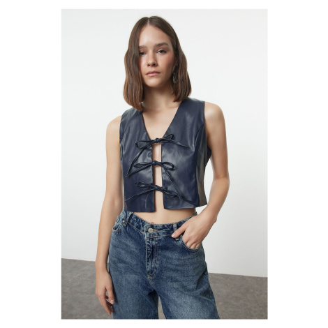 Trendyol Navy Blue Slim Faux Leather Tie Detail Crop Woven Vest