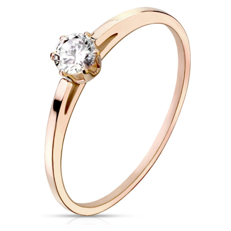 Zásnubný prsteň z ocele medenej farby - číry zirkón okrúhleho tvaru, lesklý povrch - Veľkosť: 54