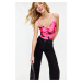 Trendyol Pink Flower Patterned V-Neck Stretchy Snap-on Knitted Bodysuit