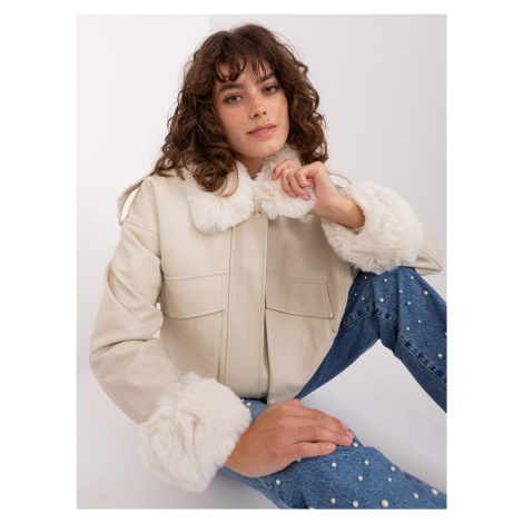 Light beige women's winter jacket with pockets