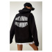 Happiness İstanbul Women's Black Hooded Rack Printed Sweatshirt