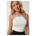 Happiness İstanbul Women's White Striped Crop Knitwear Blouse