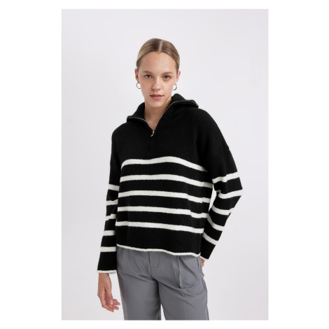 DEFACTO Oversize Wide Pattern Striped Half Zipper Stand Collar Knitwear Sweater