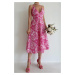 Madmext Pink Patterned Decollete Midi Length Dress