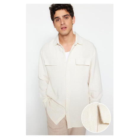 Trendyol Ecru Oversize Fit Linen Textured Double Pocket Jacket Shirt