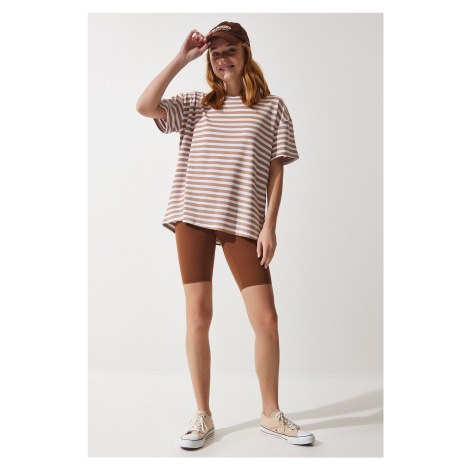 Happiness İstanbul Women's Biscuit Crew Neck Striped Oversize Knitted T-Shirt