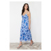 Trendyol Blue Floral Pleated Maxi Printed Maxi Length Sweetheart Neck Knitted Dress