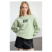 Trendyol Mint Thick Fleece Slogan Embroidered Relaxed/Comfortable Pattern Knitted Sweatshirt