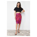 Trendyol Premium Fuchsia Printed Tulle High Waist Lined Midi Knitted Skirt