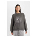 DEFACTO Women's Anthracite Relax Fit Crew Neck Printed Thin Sweatshirt