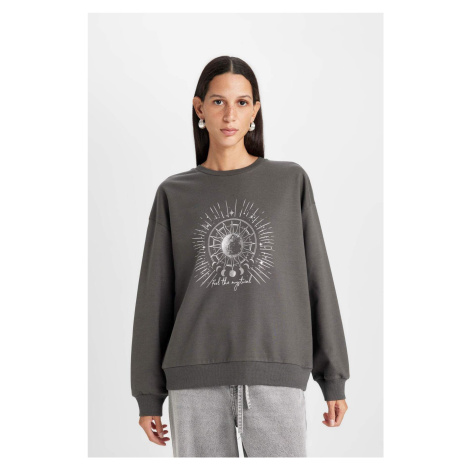 DEFACTO Relax Fit Crew Neck Printed Thin Anthracite Sweatshirt D5925ax24au