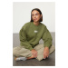 Trendyol Khaki Thick Fleece Inside Minimal Printed Balloon Sleeve Knitted Sweatshirt