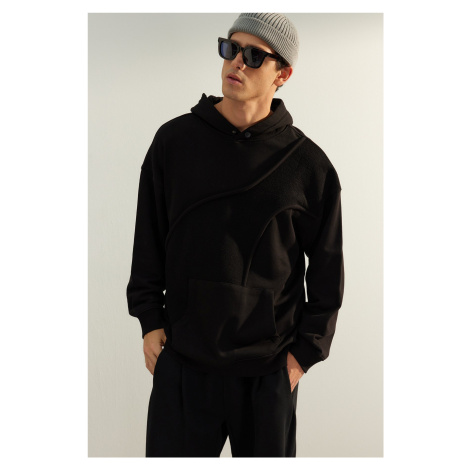 Trendyol Black Oversize/Wide-Fit Hooded Front Stitched Cotton Sweatshirt