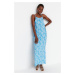 Trendyol Blue Straight Cut Maxi Woven Viscose Strap Patterned Woven Dress