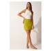 Happiness İstanbul Women's Oil Green Slit Mini Skirt