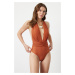 Trendyol Brown Deep-cut Gathered Regular Swimsuit