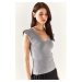 Olalook Women's Gray Shoulder And Skirt Detailed Front Back V Knitwear Blouse