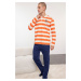 Trendyol Men's Orange-Ecru Striped Polo Collar Regular Fit Knitted 100% Cotton Pajama Set