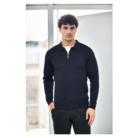 82155 Dewberry Polo Neck Half Zipper Slim Fit Mens Sweater-NAVY