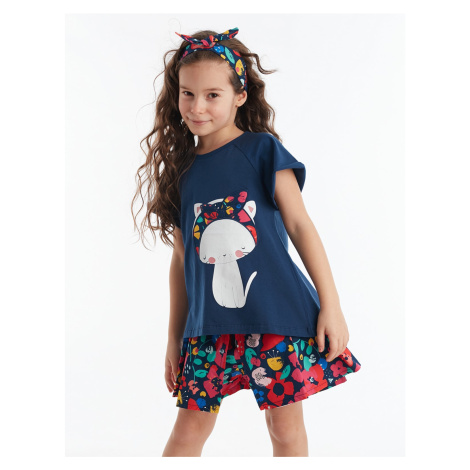 Denokids Floral Cat Girl Kids T-shirt Poplin Shorts Set