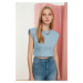 Trendyol Blue 100% Cotton Padded Crop Crew Neck Knitted T-Shirt