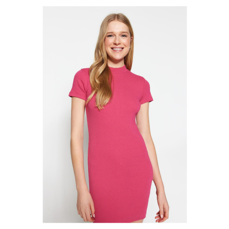 Trendyol Fuchsia Short Sleeve Crew Neck Mini Ribbed Stretchy Knitted Pencil Dress