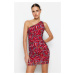 Trendyol Claret Red Floral Asymmetrical Collar Pleated Lined Mini Knitted Tulle Dress