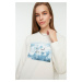 Trendyol Ecru Crew Neck Printed Slit Detailed Knitted Sweatshirt