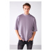 GRIMELANGE Men's Ascolı Oversize Fit Special Thick Textured Fabric High Collar Lilac T-shirt