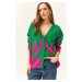 Olalook Women's Green Fuchsia Juicy Patterned Oversize Knitwear Cardigan