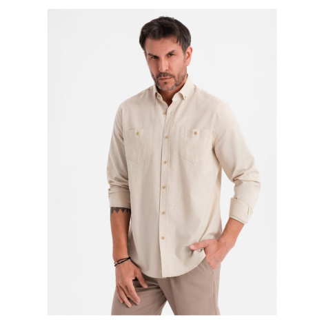 Ombre Men's linen shirt with classic collar and pockets REGULAR FIT - cream