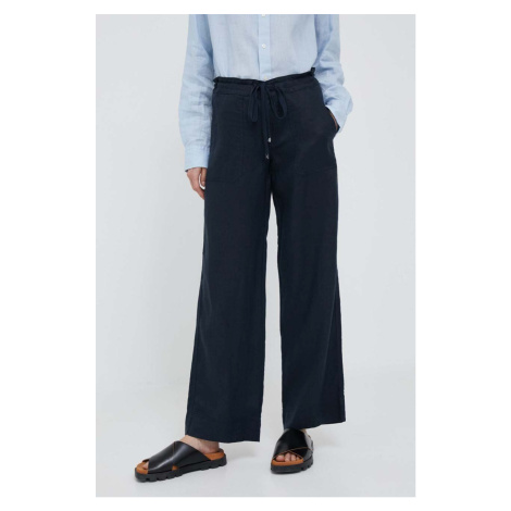 Ľanové nohavice Lauren Ralph Lauren tmavomodrá farba,široké,stredne vysoký pás,200735136