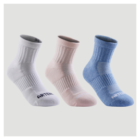 ARTENGO Detské športové ponožky RS 500 stredne vysoké 3 páry ružové, biele a modré RUŽOVÁ