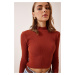 Happiness İstanbul Women's Tile Ribbed Turtleneck Crop Knitted Blouse