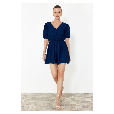 Trendyol Navy Blue Elastic Waist V-Neck Linen Look Mini Woven Jumpsuit