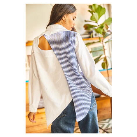 Olalook Women's Blue White Back Cut Out Detail Sambre Oversize Shirt