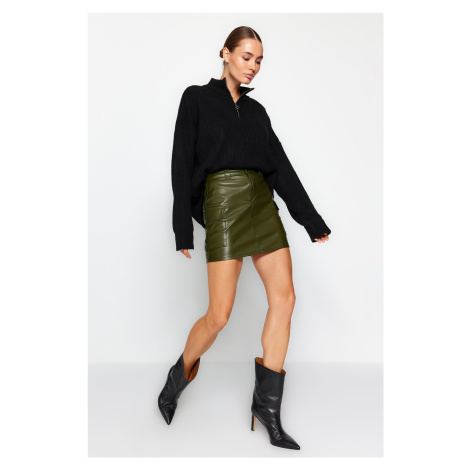 Trendyol Khaki Faux Leather Cargo Pocket High Waist Fitted Mini Knitted Skirt