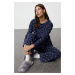 Trendyol Navy Blue 100% Cotton Polka Dot and Heart Patterned Knitted Pajama Set