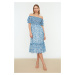 Trendyol Blue Floral Carmen Collar Skater/Waist Opening Chiffon Gimped Midi Lined Woven Dress