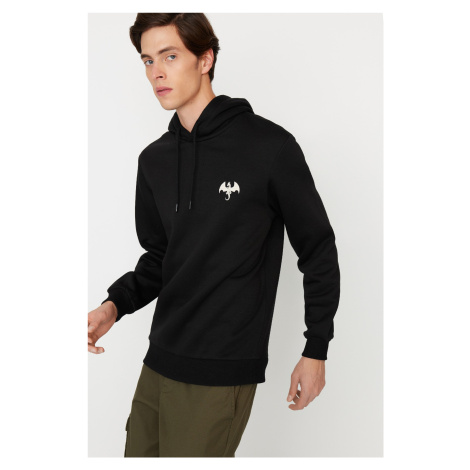 Trendyol Men's Black Regular/Regular Fit Embroidered Hooded Fleece Inner Sweatshirt