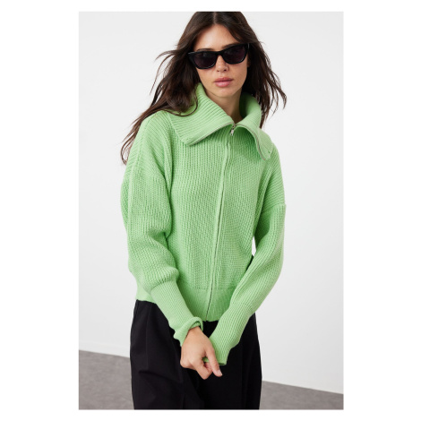 Trendyol Mint Wide Cut Turn-down Collar Zippered Knitwear Cardigan