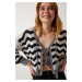 Happiness İstanbul Women's Cream Black Striped Openwork Seasonal Knitwear Cardigan