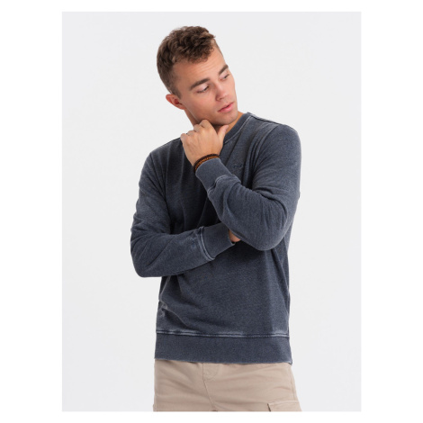 Ombre Washed men's sweatshirt with decorative stitching at the neckline - navy blue