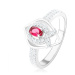 Strieborný prsteň 925, obrys špicatej slzy, ružový zirkón, línia v tvare "V" - Veľkosť: 57 mm