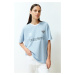 Trendyol Blue Oversize/Wide Fit Motto Printed Knitted T-Shirt