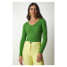 Happiness İstanbul Women's Light Green V-Neck Corduroy Basic Blouse