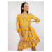 Dark yellow floral dress with tie and ruffle